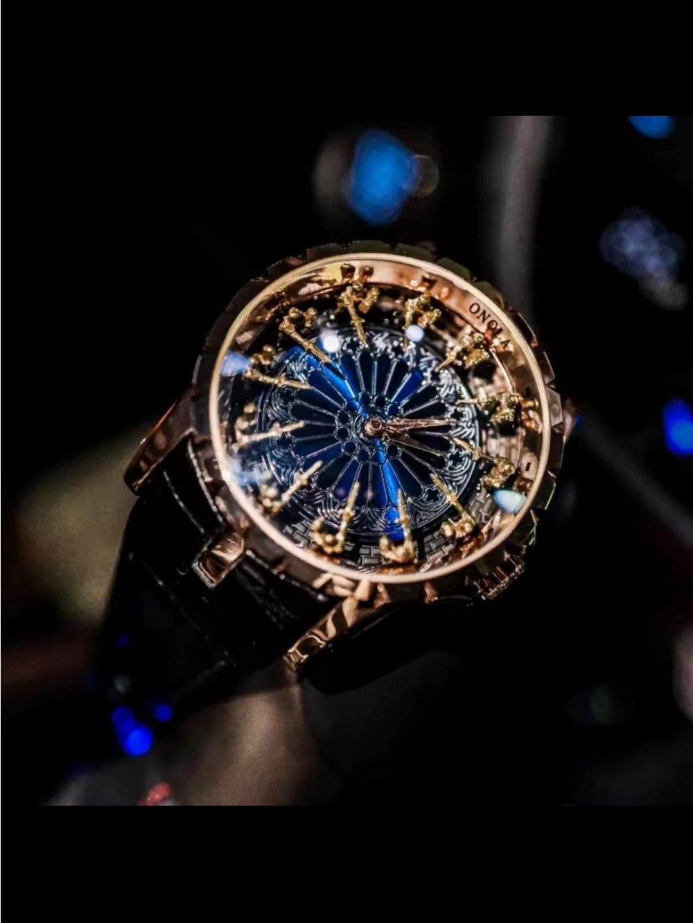Knights of the round table Rose Gold Skeleton Dial Watch with Blue Accents